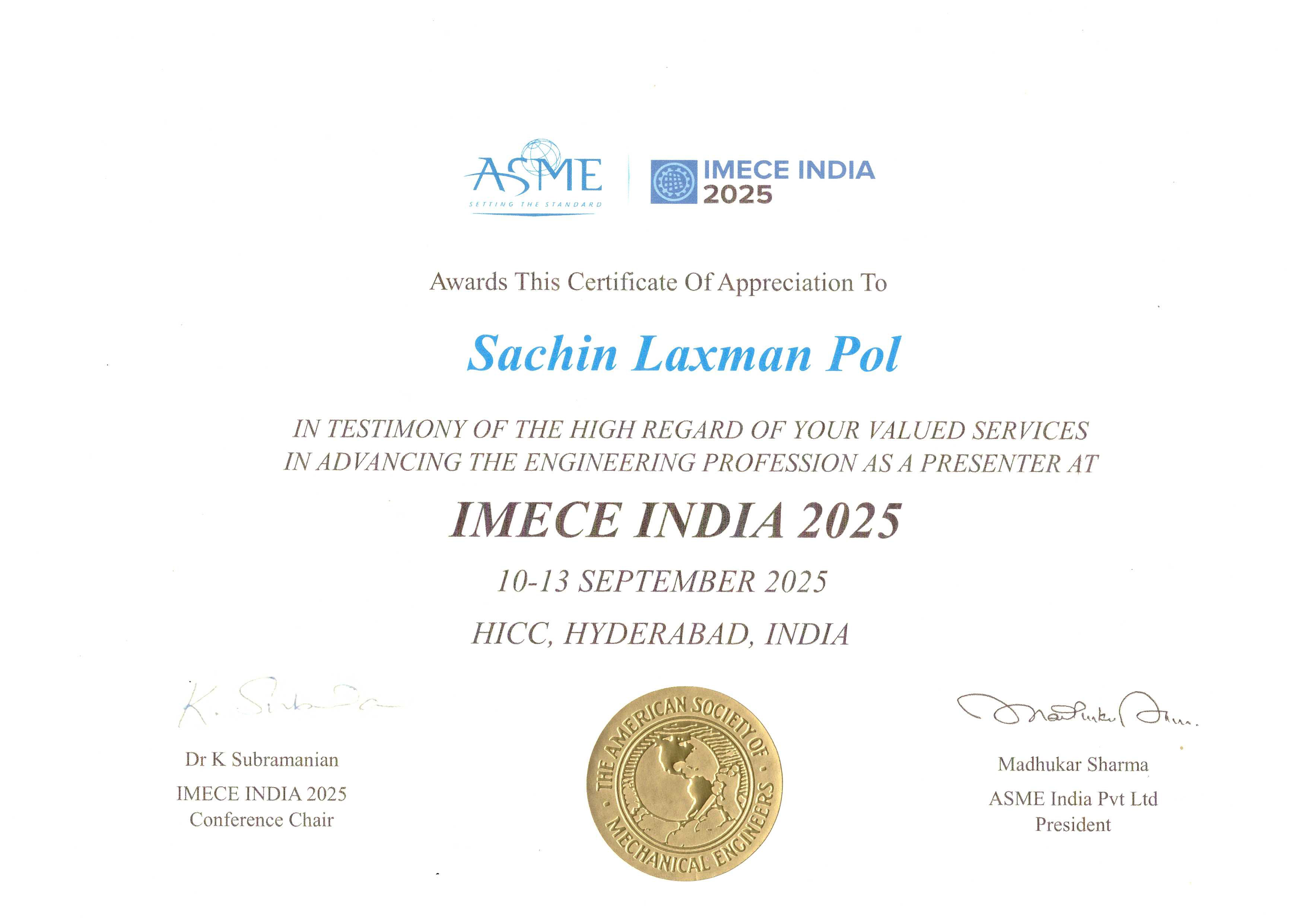 ASME Certificate of Appreciation for IMECE India 2025 presentation